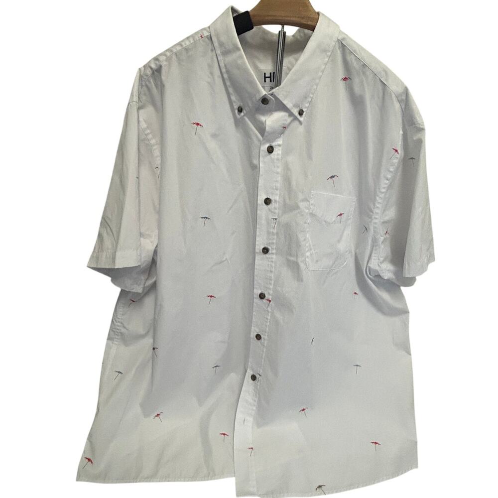 HB mens sz 2xl white short sleeve button down umbrella tropical print
